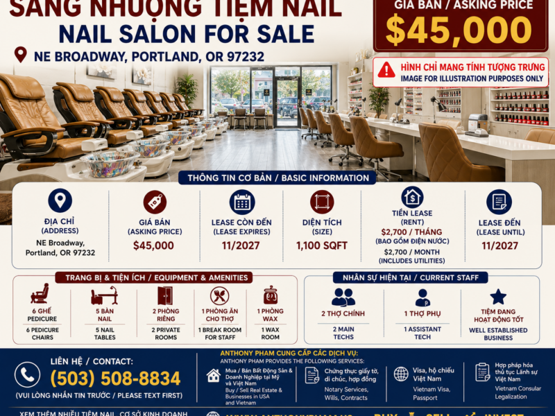 💅🔥 SANG NHƯỢNG TIỆM NAIL TẠI NE PORTLAND – GIÁ CHỈ $45,000 🔥💅